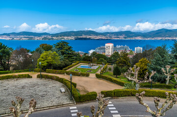 A view from the middle levels of the Castro castle towards the cruise terminal in Vigo, Spain on a spring day