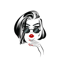 Beautiful sexy woman, red lips, hand with red manicure nails, fashion woman, stylish glasses, nails studio, short hairstyle, hair salon sign, icon. Beauty Logo. Vector illustration. Hand drawing style