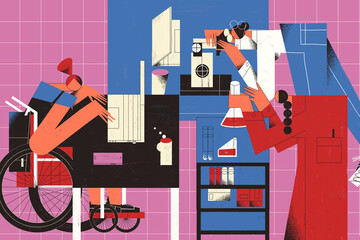Women and girls from different races and ethnicities working in computer science, data and AI. Breaking science bias concept illustration.