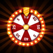 Casino lucky wheel, vector lottery game roulette, fortune spin illustration, light bulb, golden arrow. Sale discount spinner, gambling chance machine, promotion offer clipart. Red shiny lucky wheel