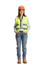 Full Length Portrait Of A Young Female Site Engineer With A Safety Vest And Hardhat