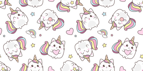  Cute Baby Cat Caticorn pattern. White Kitten Unicorn  vector seamless pattern. Kawaii Cat Unicorn with lollipop. Isolated vector illustration for kids design prints, posters, t-shirts, stickers