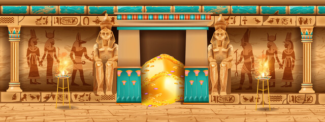 Wall Mural - Egypt temple background, vector game pyramid stone wall, ancient pharaoh tomb interior, god outline. Egypt temple monument. History archaeology palace illustration, hieroglyph, statue, vintage column