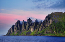 View Of The Seven Sisters Mountain Range On The Island Of Alston In Nordland County, Norway