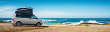 Transporter Camping Van Bus At The California Ocean In The Coastal Nature