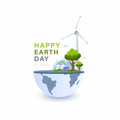 Happy earth day illustration vector design with globe map world environment . Ecology concept with green energy source for save the planet.