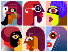 Six Different Faces Modern Art Grahic Illustration. Design Of Six Abstract Portraits.