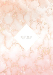 Wall Mural - Luxury elegant background. Pink marble texture with gold veins and copy space with shiny borders. Modern premium template in pastel colors for invitation, card or notebook cover