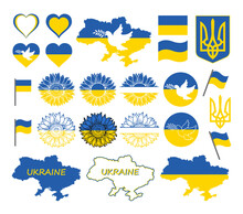 Set Of Patriotic Elements Of Ukraine: Flag, Coat Of Arms, Map, Heart, Sunflower. The Concept Of Peace In Ukraine. Colors Of The Flag Of Ukraine. Vector Illustration For Your Design.