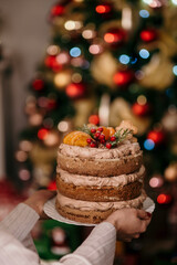 Sticker - Yummy open cake in the Christmas background