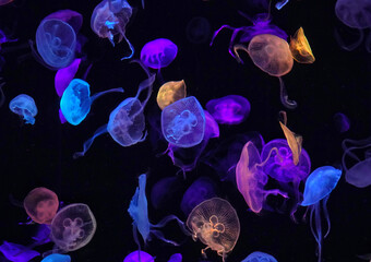Wall Mural - Lot of colorful jellyfish swimming underwater in Chimelong Ocean Kingdom aquarium, Zhuhai, China