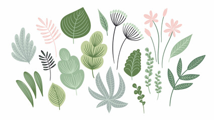 Canvas Print - Vector set of abstract leaves, flowers and grass. Clipart, isolated elements.