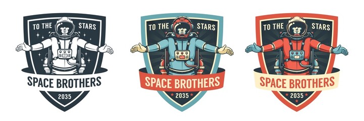 Wall Mural - Spaceman flying with jetpack - retro badge. Space emblem with astronaut. Vector image.