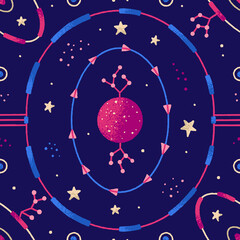 Wall Mural - Space seamless patterns of planet, stars, other celestial bodies. Vector illustration on theme of astrology, astronomy, esotericism. Cosmic background. Wallpaper, wrapping paper, textile