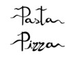 Pasta, Pizza; diseño de texto escrito a mano en negro. Recurso grafico sobre fondo blanco
