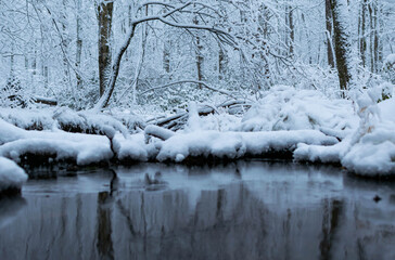 Poster - Beautiful winter scene with a calm and partly frozen lake and snow-covered coast in Pennsylvania