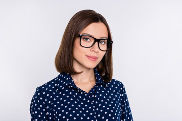 Poster - Photo of young adorable woman confident clever representative employer isolated over grey color background