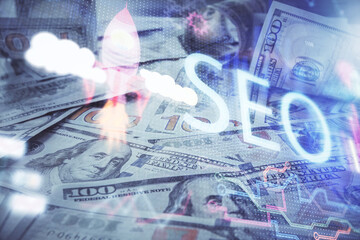 Aufkleber - Double exposure of seo drawing over us dollars bill background. Concept of search optimization.