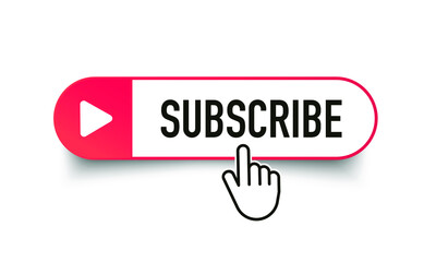 Poster - Hand cursor clicking on red subscribe button. Subscribe button. Hand pointer icon. Subscription service. Social media concept. Streaming video. Play button vector icon. Vector graphic. EPS 10
