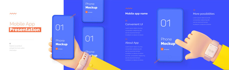 Poster - Modern presentation of a mobile application. Mobile phone mockup on a blue background with a description of the mobile application. Modern illustration 3D style.