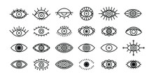 Set Of Mystic Eye For Boho Design. Evil Eye Outline Vector Illustration. Eyes Hand Drawn Symbols For Tattoo Design.