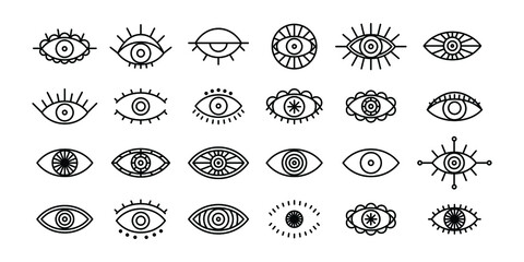 set of mystic eye for boho design. evil eye outline vector illustration. eyes hand drawn symbols for tattoo design.