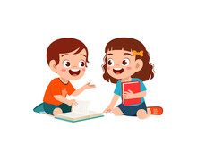 Little Boy And Girl Read Book Together
