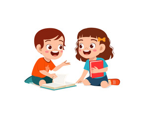 little boy and girl read book together