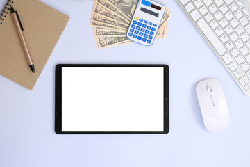 Poster - Top view of minimal workplace with digital tablet, smart phone, keyboard and paper on white office desk.