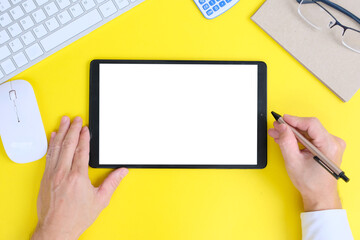 Poster - Tablet computer with isolated screen. Business workplace with computer and wireless mouse and keyboard. business objects