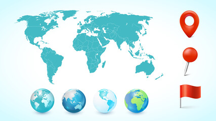 World map with pin pointer marks and 3D globe set. Earth travel and communication infographics elements for your design