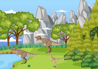 Wall Mural - Nature scene with trees on mountains with dinosaur