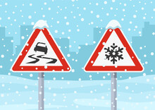 Safety Driving Rules And Tips. Winter Snow And Icy Road Traffic Signs. Flat Vector Illustration Template.