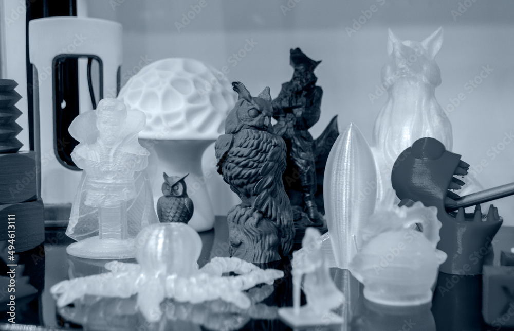 Objects printed on 3D printer from plastic close-up. New 3D printing ...