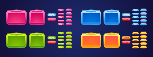 Poster - Overlay panels for live game stream and glossy buttons. Webcam video app interface design. Vector cartoon set of digital streaming displays for show gaming process