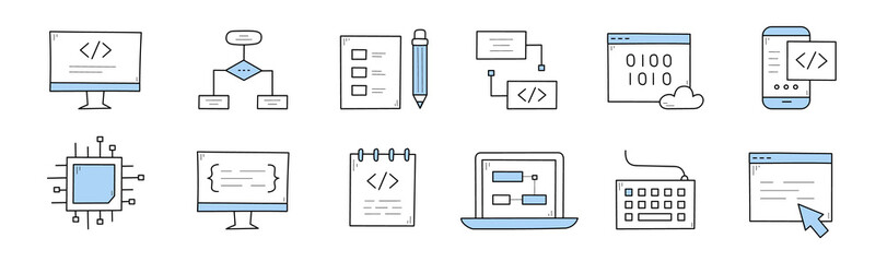 Coding and programming doodle icons set. Computer with code on screen, algorithm scheme, mobile phone, microcircuit chip, laptop, keyboard, desktop with arrow pointer, Line art vector illustration