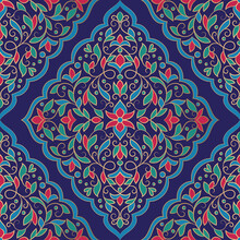 Blue, Red And Green Seamless Pattern With Mandala Ornament. Traditional Arabic, Indian Motifs. Great For Fabric And Textile, Wallpaper, Packaging Or Any Desired Idea.
