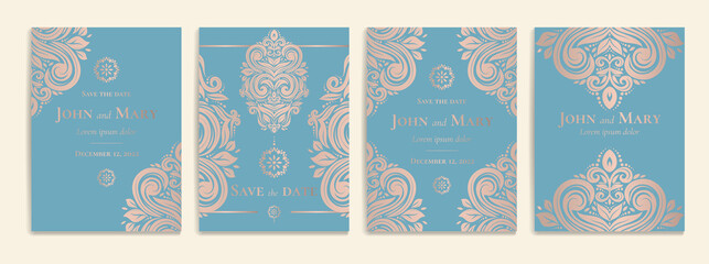 Blue invitation card with luxury golden pattern design on a beige background. Vintage ornament template. Can be used for flyer, wallpaper, packaging or any desired idea. Elegant vector elements.