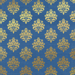 Wall Mural - Vintage tapestry texture backdrop. Scrapbook blue paper with gold baroque elements