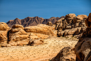 Extraordinary mountain desert landscape, Wadi Rum Protected Area, Jordan.