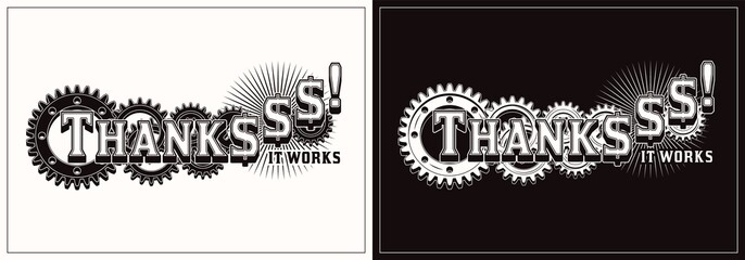 Wall Mural - Monochrome vintage label with dollar sign, gearwheels, short motivational phrase Thanks, it works. Concept of success and wealth. Vector emblem. Good for craft design.