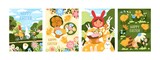 Fototapeta Dinusie - Happy Easter cards set. Greeting postcards designs for spring holidays. Cute congratulations with fairytale characters, painted eggs, rabbits, bunnies, festive cakes. Colored flat vector illustrations