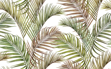 Watercolor painting colorful tree coconut leaves seamless pattern background.Watercolor hand drawn illustration tropical exotic leaf prints for wallpaper,textile Hawaii aloha jungle pattern.