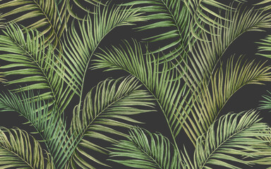  Watercolor painting colorful tree coconut leaves seamless pattern background.Watercolor hand drawn illustration tropical exotic leaf prints for wallpaper,textile Hawaii aloha jungle pattern.