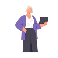 Poster - Woman with laptop in hands portrait. Businesswoman in glasses holding computer. Young business person standing with PC. Employee using technology. Flat vector illustration isolated on white background