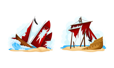 Wall Mural - shipwreck of pirate ships with red sails set. vintage wooden vessels sinking in sea, ocean cartoon v