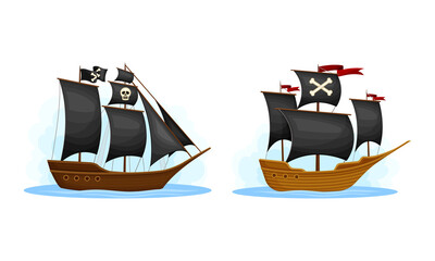 Wall Mural - pirate ships set. vintage vessels with black sails cartoon vector illustration