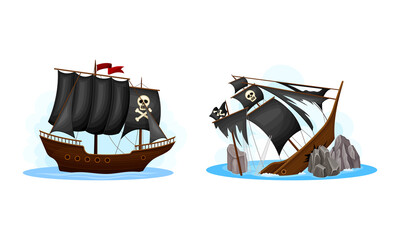 Wall Mural - pirate ships set. vessel with black sails sinking in the ocean cartoon vector illustration