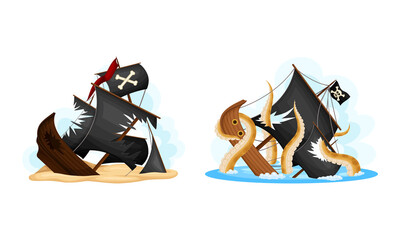 Wall Mural - shipwreck of pirate ships set. vessels with black sails sinking in the ocean cartoon vector illustra