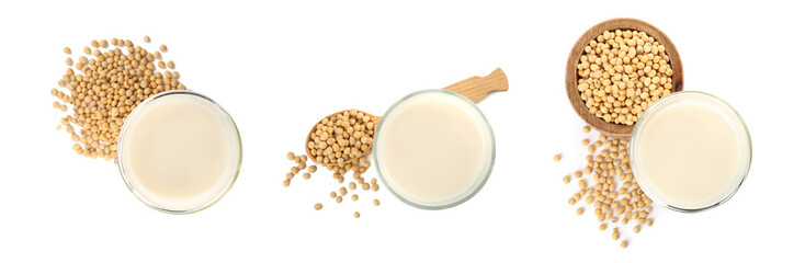 Wall Mural - Set with natural soy milk and beans on white background, top view. Banner design